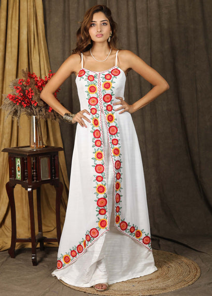Classy white boho inspired strappy maxi dress with floral embroidery on front layer with optional georgette shrug