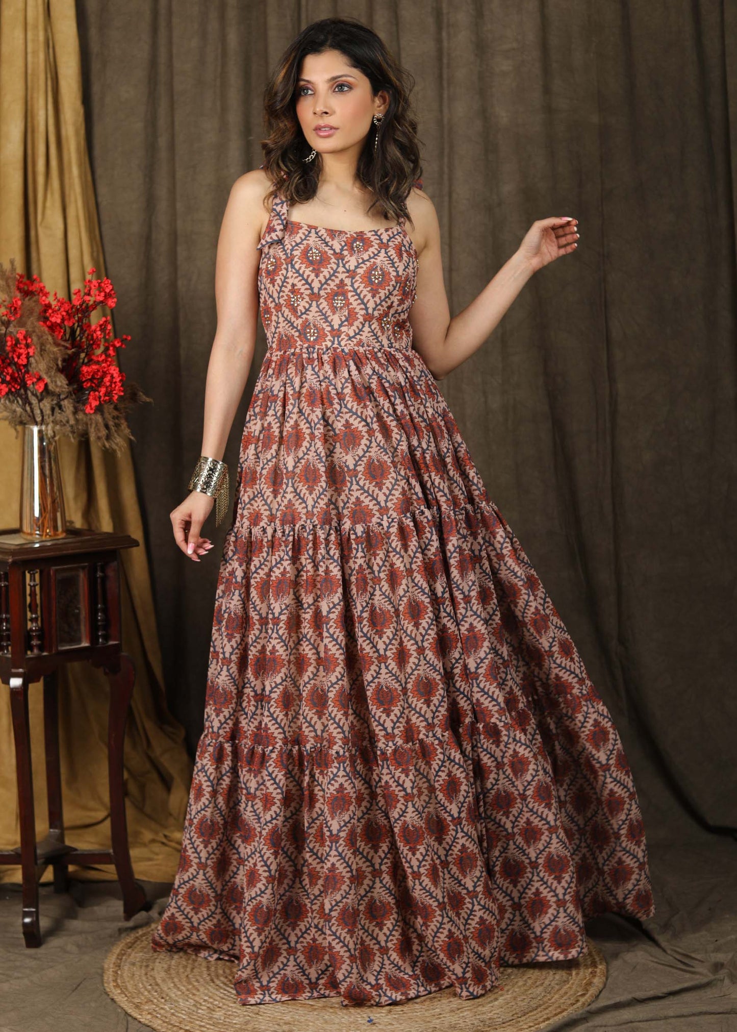 Exclusive boroque print peach maxi dress highlighted with stone embellishments - Chanderi Shrug Optional