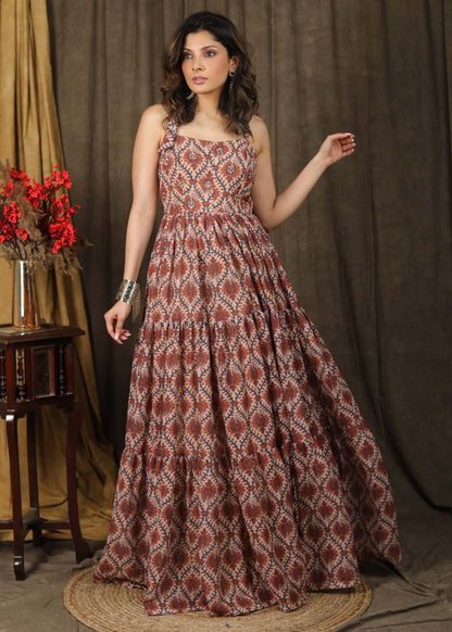 Exclusive boroque print peach maxi dress highlighted with stone embellishments - Chanderi Shrug Optional