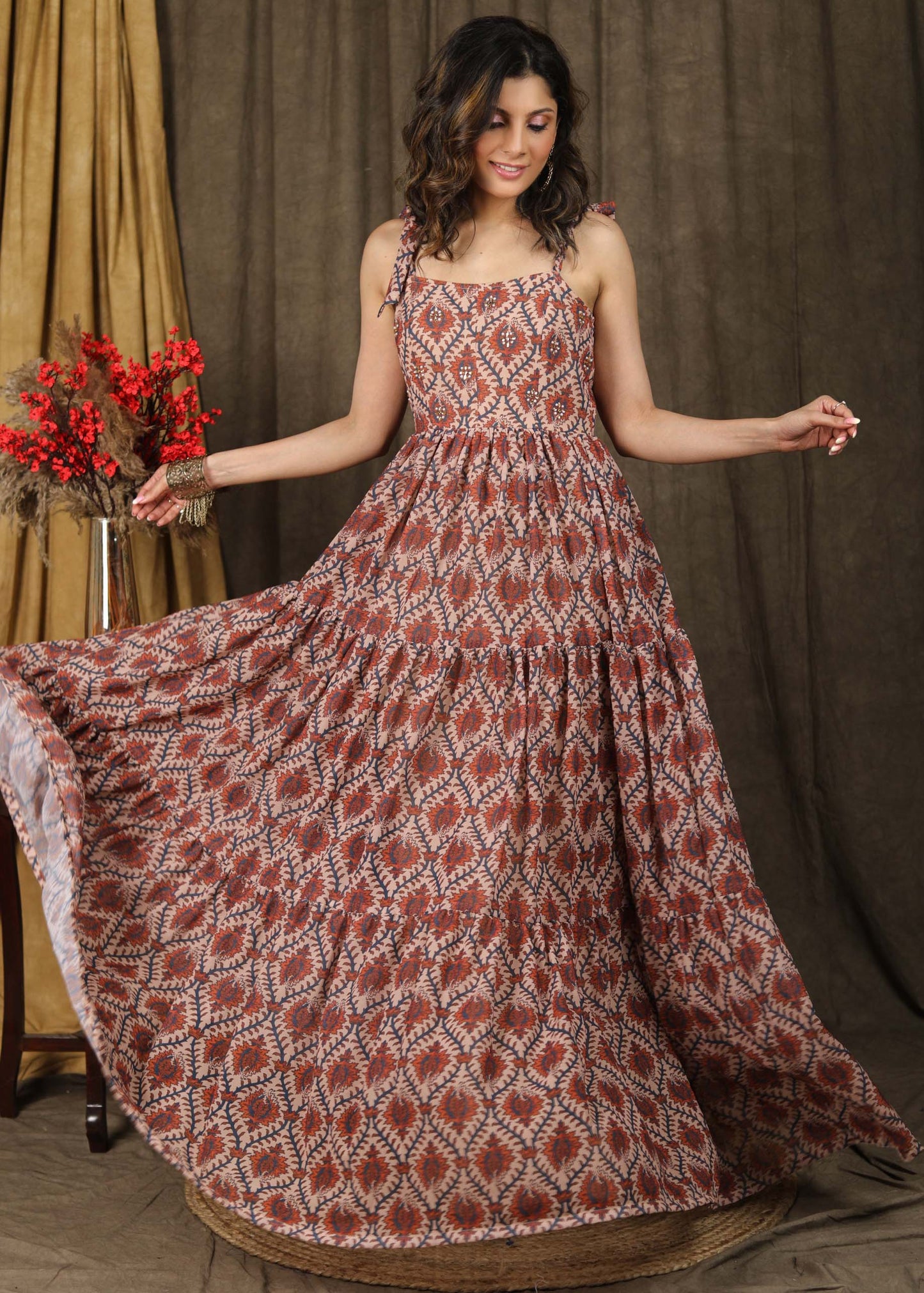 Exclusive boroque print peach maxi dress highlighted with stone embellishments - Chanderi Shrug Optional