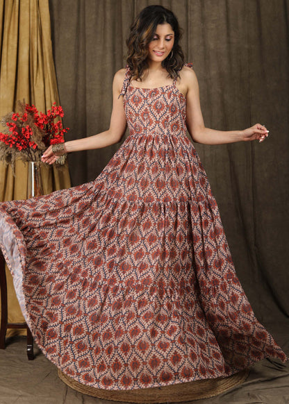 Exclusive boroque print peach maxi dress highlighted with stone embellishments - Chanderi Shrug Optional
