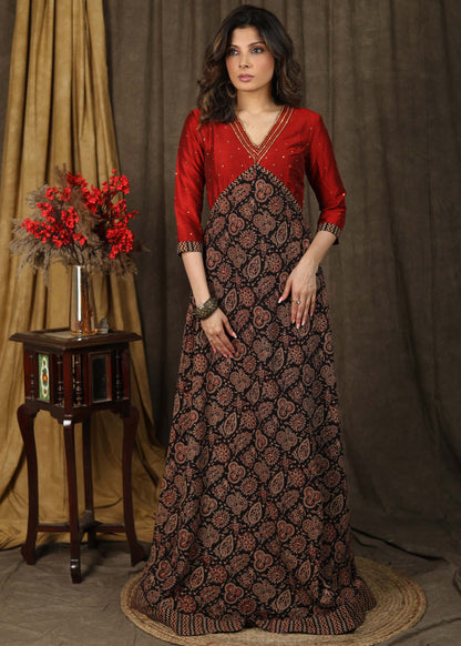 Classy ajrakh combination Kalidaar gown highlighted with hand embroidery on neck and sleeves