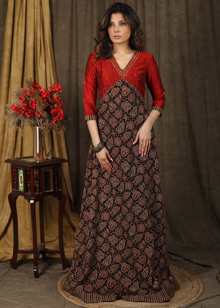 Classy ajrakh combination Kalidaar gown highlighted with hand embroidery on neck and sleeves