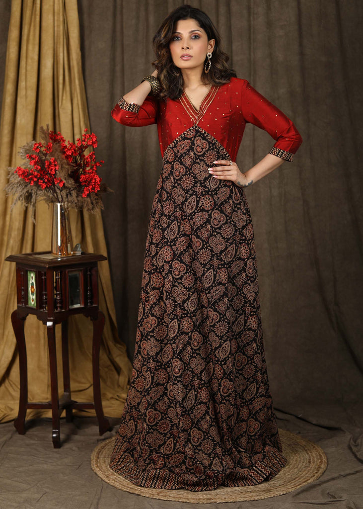 Classy ajrakh combination Kalidaar gown highlighted with hand embroidery on neck and sleeves