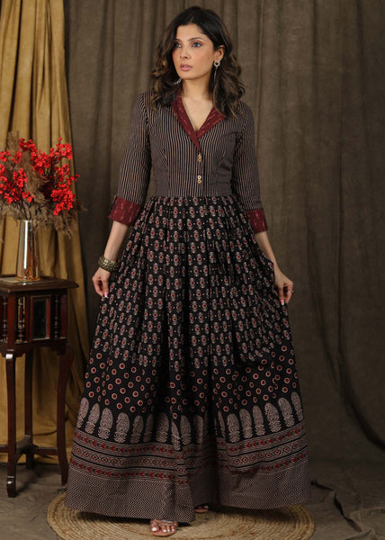Exclusive ajrakh combination Kalidaar Gown with Ikat collar and turn up sleeves
