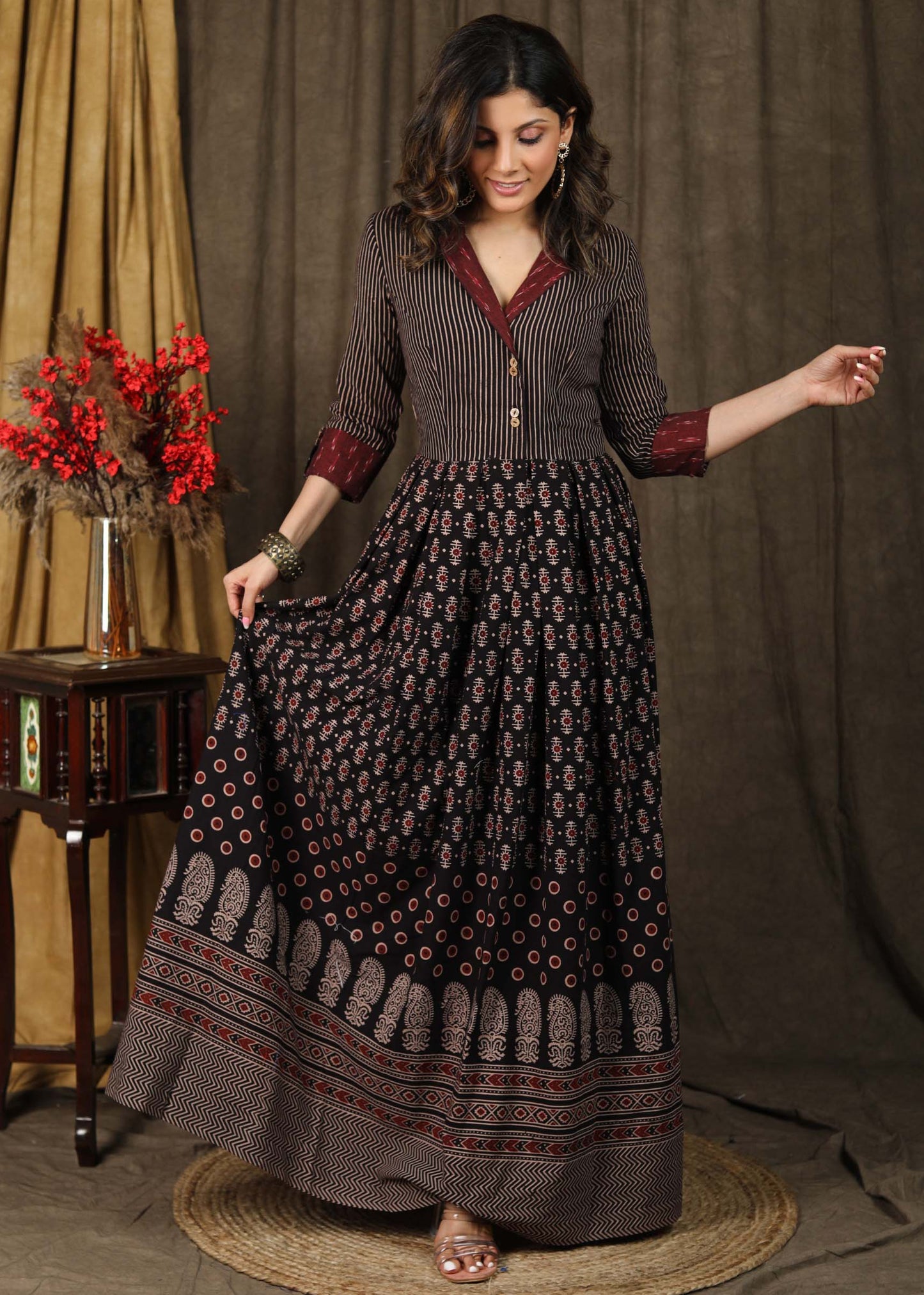 Exclusive ajrakh combination Kalidaar Gown with Ikat collar and turn up sleeves