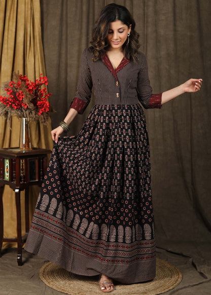 Exclusive ajrakh combination Kalidaar Gown with Ikat collar and turn up sleeves