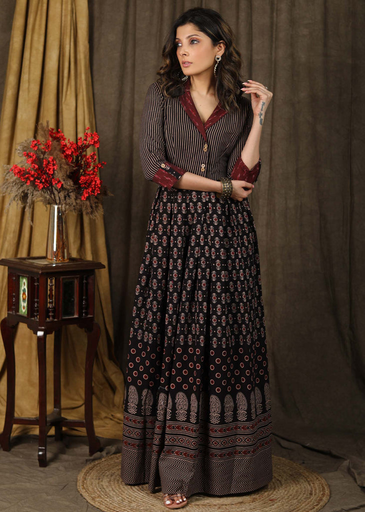 Exclusive ajrakh combination Kalidaar Gown with Ikat collar and turn up sleeves
