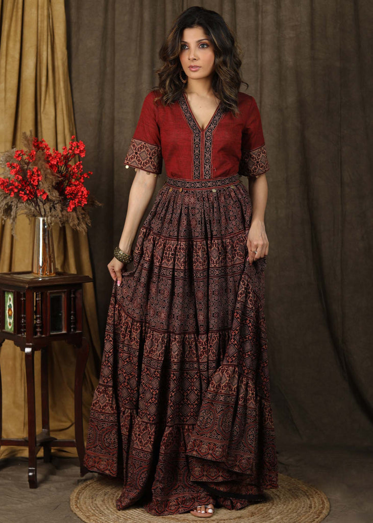 Elegant Ajrakh combination Kalidaar Gown with elbow sleeves highlighted with coin embellishments