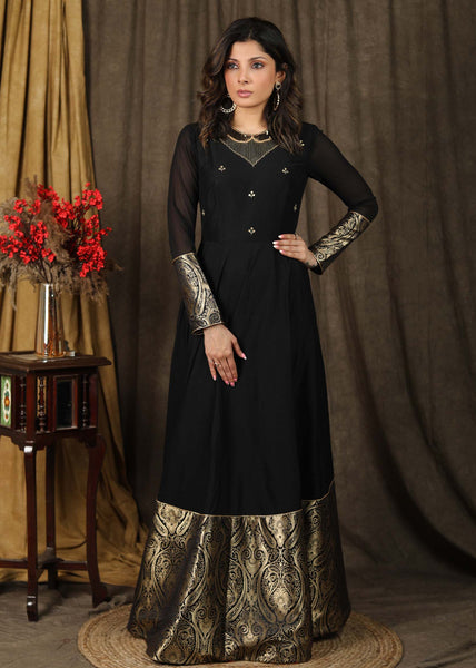 Elegant Black hand embroidered Kalidaar gown highlighted with banarasi border on hemline and sleeves