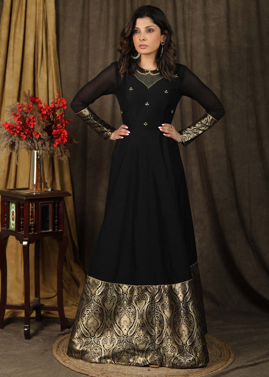 Elegant Black hand embroidered Kalidaar gown highlighted with banarasi border on hemline and sleeves