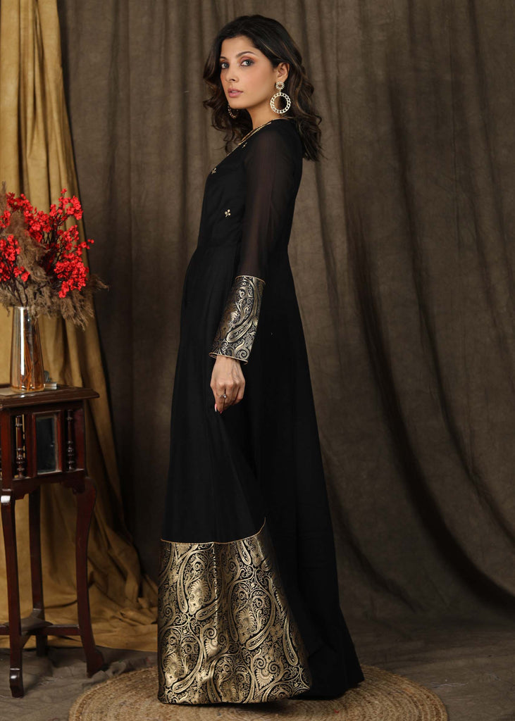Elegant Black hand embroidered Kalidaar gown highlighted with banarasi border on hemline and sleeves