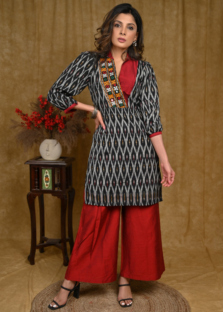Graceful Ikat Tunic with Handmade kutch mirror Work - Pant Optional
