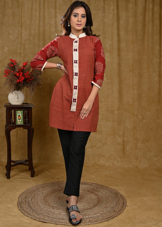Formal Collar Zigzag Cotton Ajrakh Tunic with Handpainted Off-White Detailing