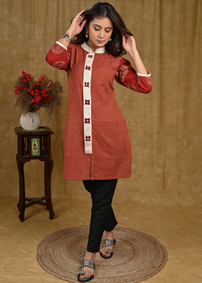 Formal Collar Zigzag Cotton Ajrakh Tunic with Handpainted Off-White Detailing