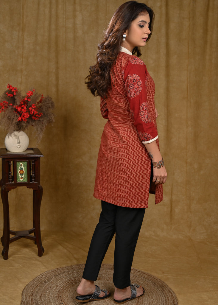 Formal Collar Zigzag Cotton Ajrakh Tunic with Handpainted Off-White Detailing