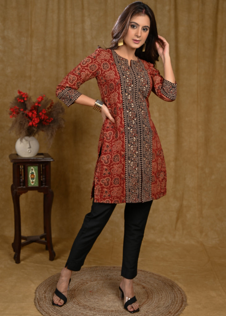 Trendy Cotton Ajrakh Combination Tunic With Stone Work