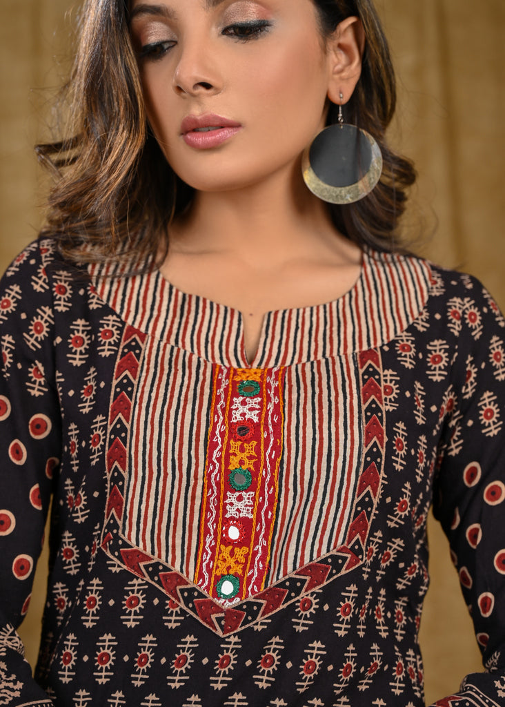 Trendy Cotton Ajrakh Tunic with Handmade Kutch Mirror Work on Yoke