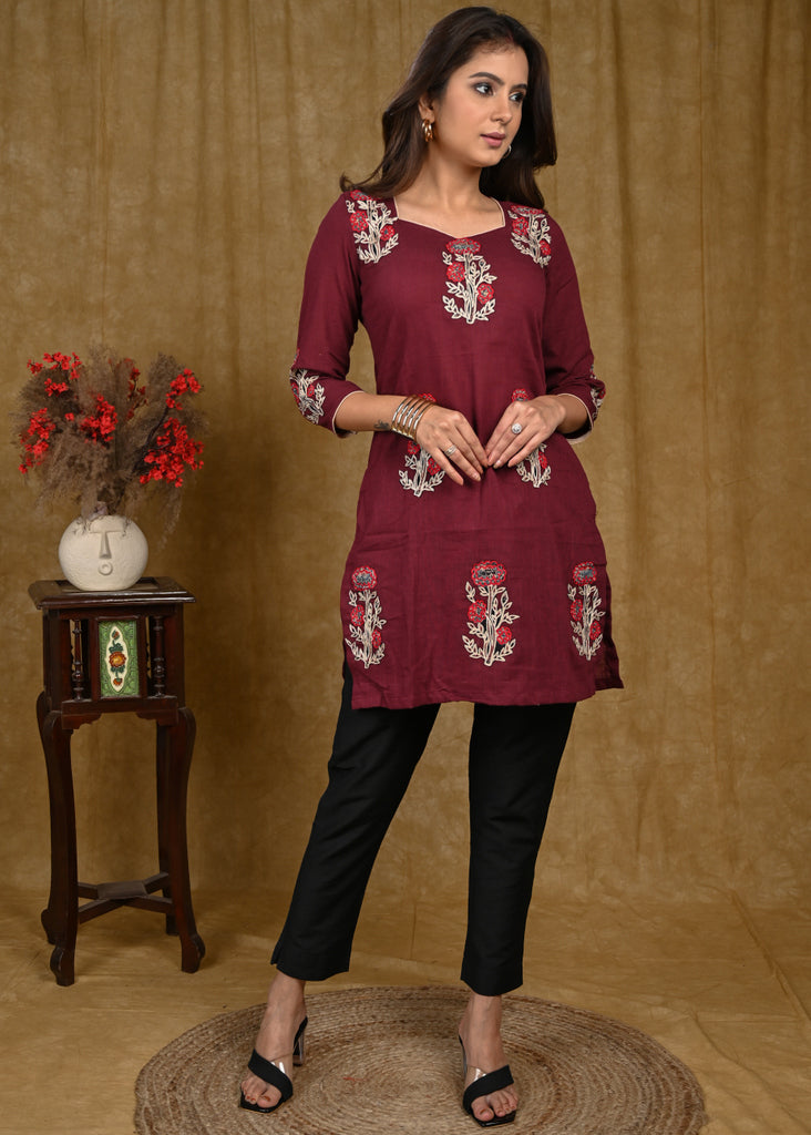 Exclusive Cotton Tunic with Beautiful Embroidered Floral Patch Embroidery Work Allover