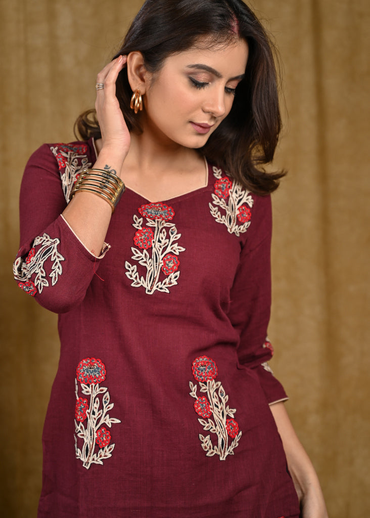 Exclusive Cotton Tunic with Beautiful Embroidered Floral Patch Embroidery Work Allover - Pant Optional