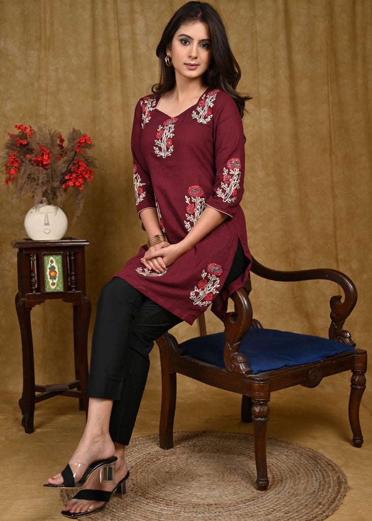 Exclusive Cotton Tunic with Beautiful Embroidered Floral Patch Embroidery Work Allover