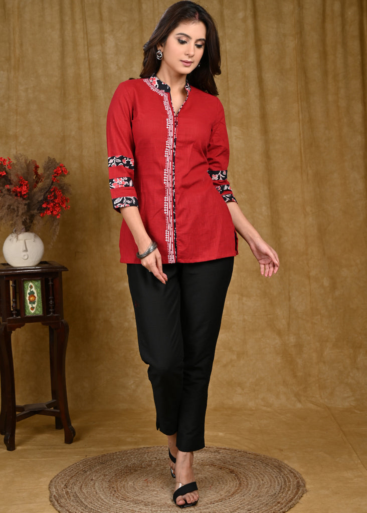 Elegant Cotton Maroon Top with Ajrakh Border and Gond Painting Detailing