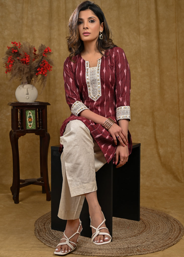 Elegant Cotton Ikat Straight Cut Tunic with Stylish Embroidered Border