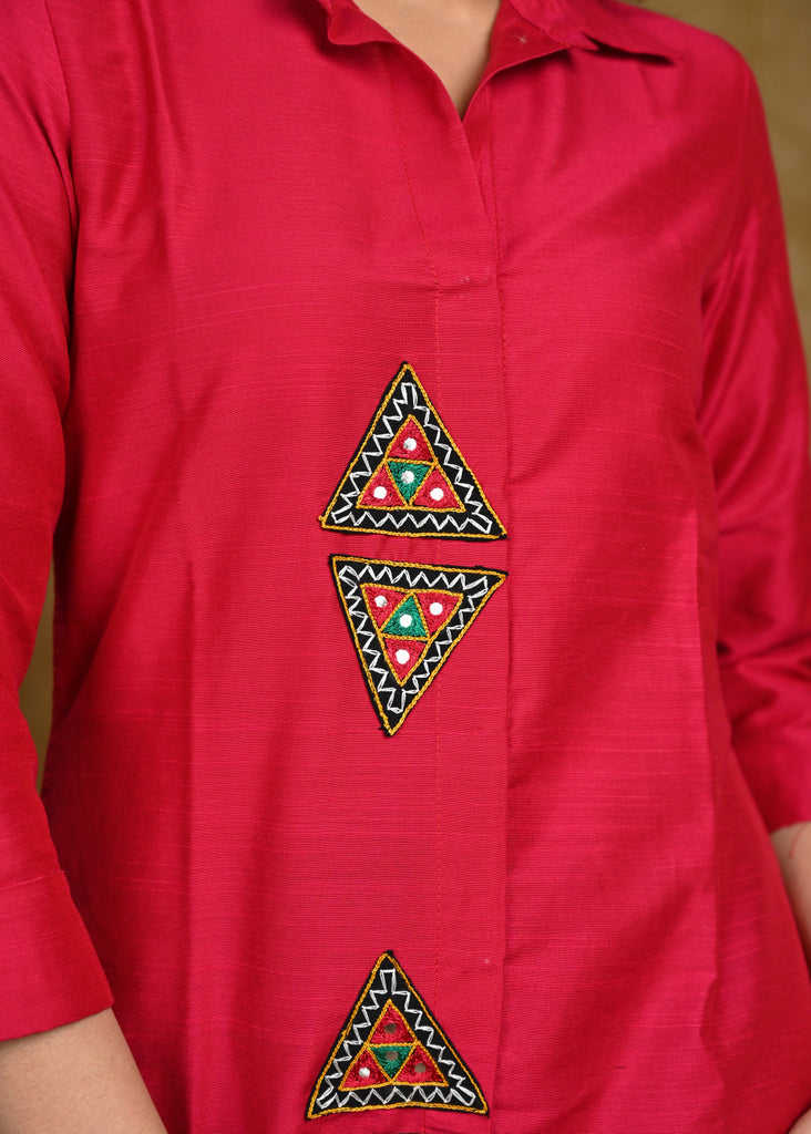 Trendy Cotton Silk Collared Kurta With handmade Kutch Mirror Work Patch