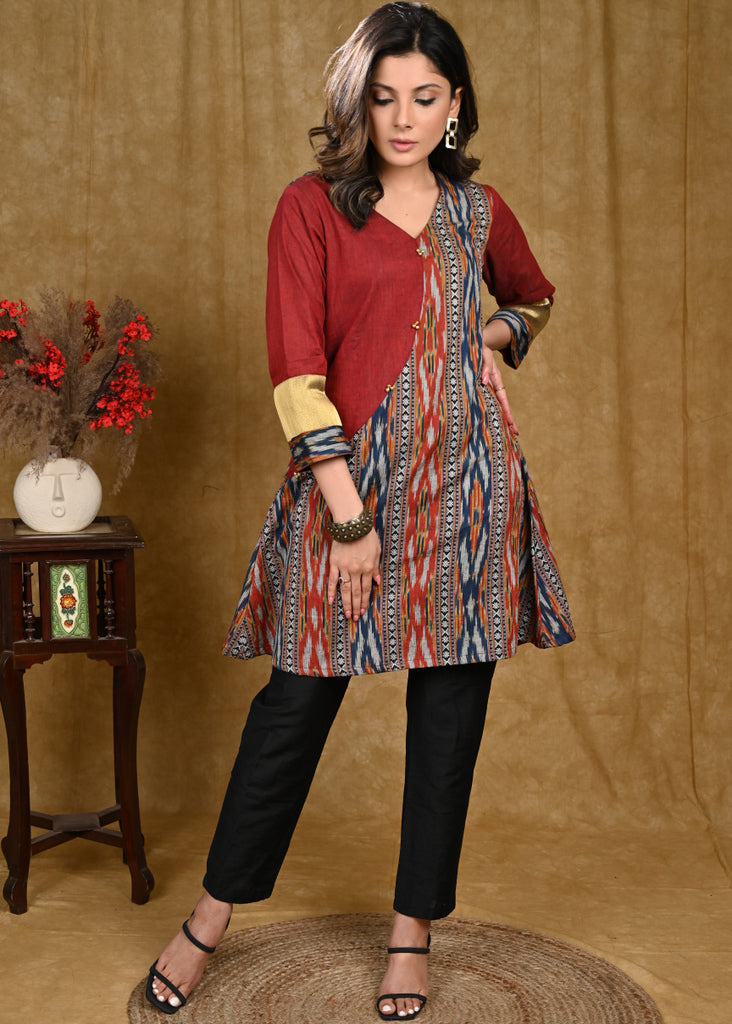 Trendy Multicolor Ikat Combination Tunic - Pant Optional