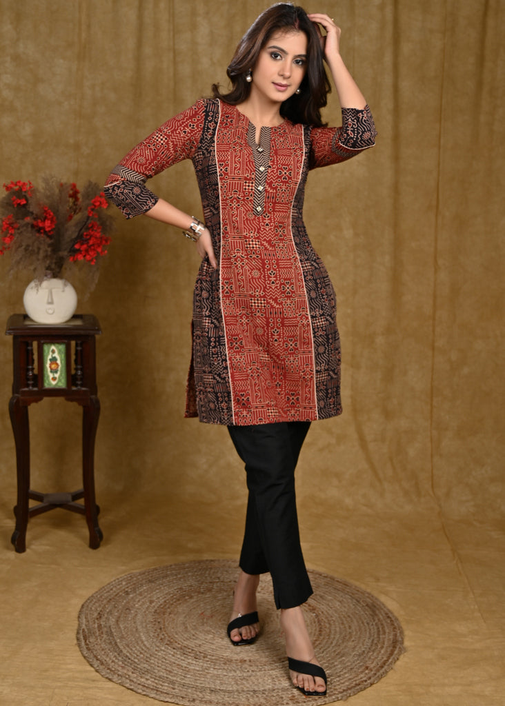 Graceful Cotton Ajrakh Combination Tunic with Wooden Buttons on Yoke