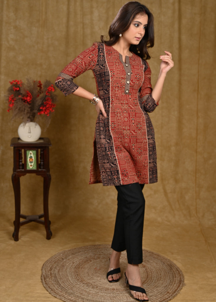 Graceful Cotton Ajrakh Combination Tunic with Wooden Buttons on Yoke