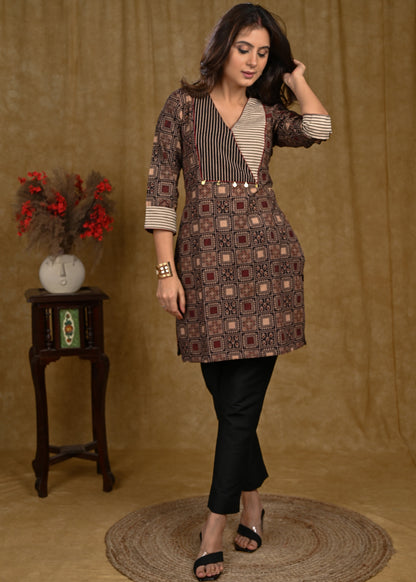 Exclusive Cotton Ajrakh Tunic with Striped Yoke