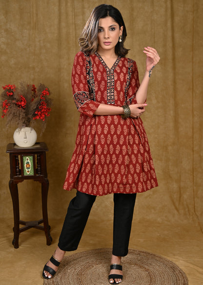 A Line Cotton Ajrakh Tunic with Contrast Ajrakh Border