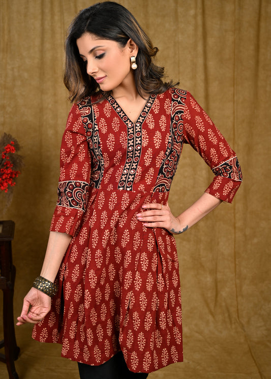 A Line Cotton Ajrakh Tunic with Contrast Ajrakh Border