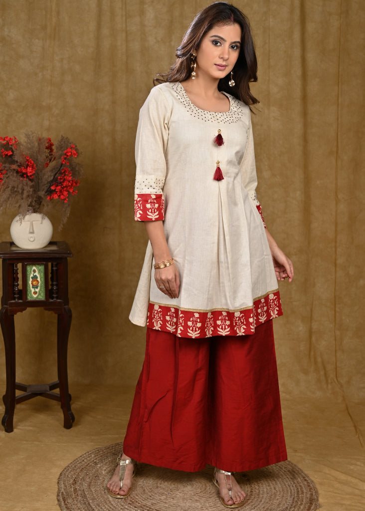 A Line Hand Sequence Work Tunic with Flower Print Border on Hemline and Sleeves