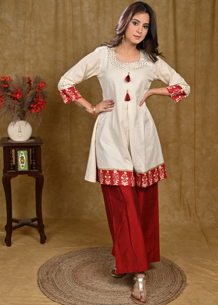 A Line Hand Sequence Work Tunic with Flower Print Border on Hemline and Sleeves