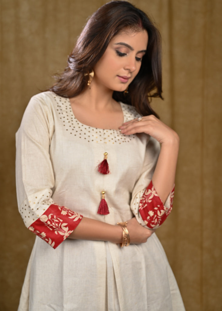 Dussehra Sale — A Line Hand Sequence Work Tunic with Flower Print Border on Hemline and Sleeves - Pant Optional