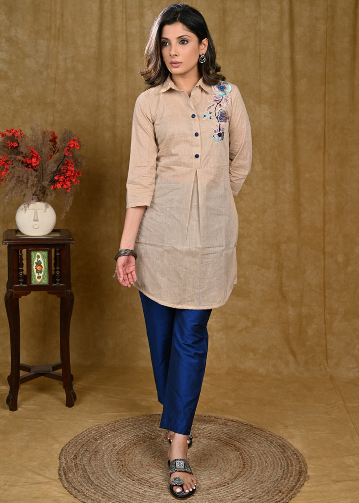 Light Beige Cotton Front Pleated Tunic with Embroidered Motif