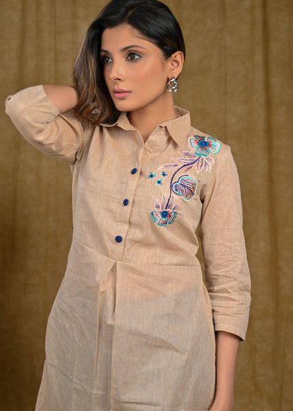 Light Beige Cotton Front Pleated Tunic with Embroidered Motif