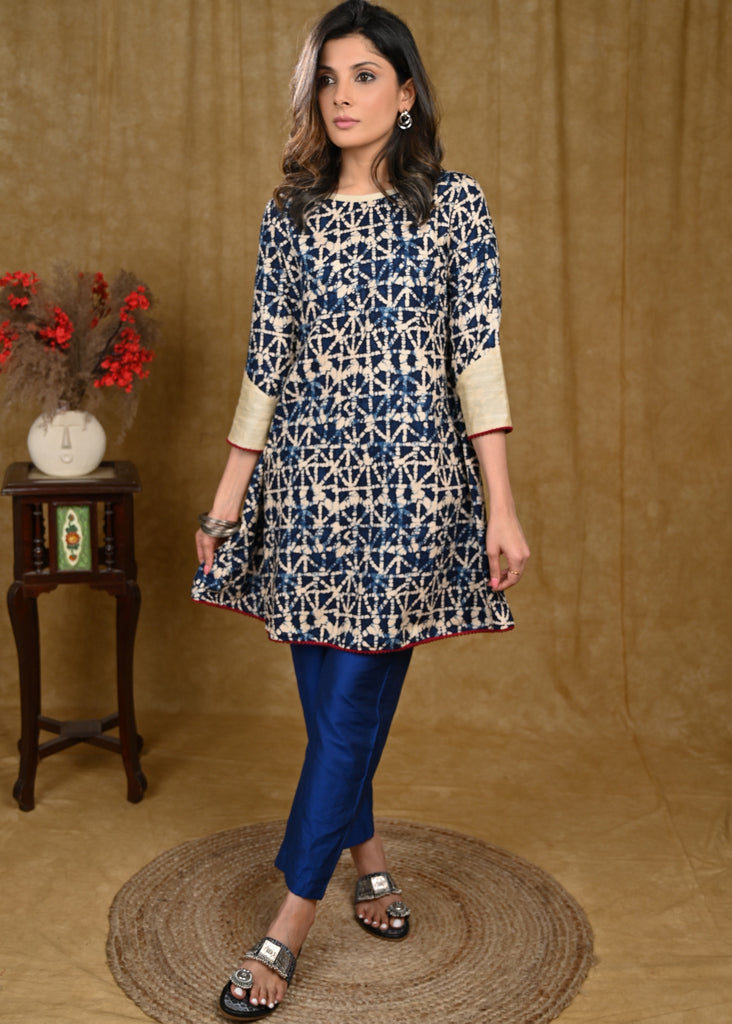Exclusive Cotton Rayon Boat Neck A-Line Tunic with Contrast Potli Button Lace on Hem and Sleeves
