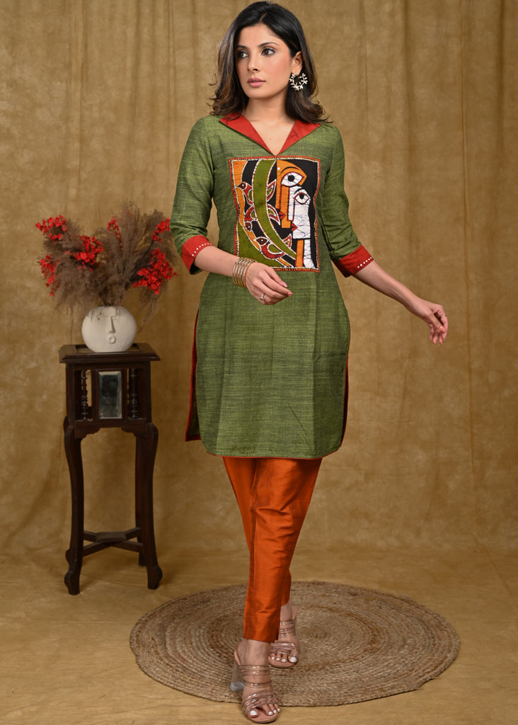 Stylish Pure Cotton Tunic with Batik Print on Front and Contrast Detailing