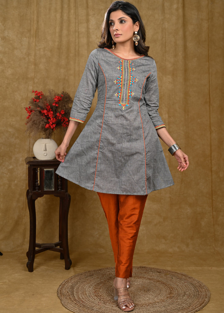 Exclusive Grey Handloom Cotton Tunic with Multicolor Embroidery