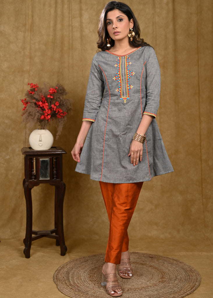 Exclusive Grey Handloom Cotton Tunic with Multicolor Embroidery