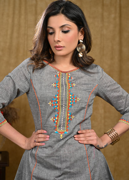 Exclusive Grey Handloom Cotton Tunic with Multicolor Embroidery
