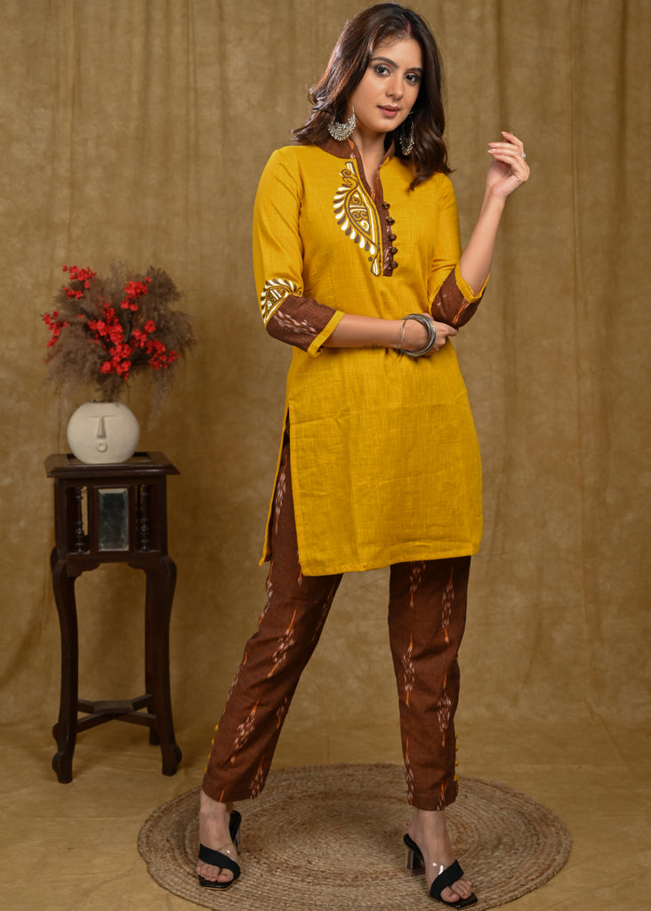 Classy Mustard Cotton Ikat Combination Tunic with Beautiful Hand painting On Front and Sleeves
