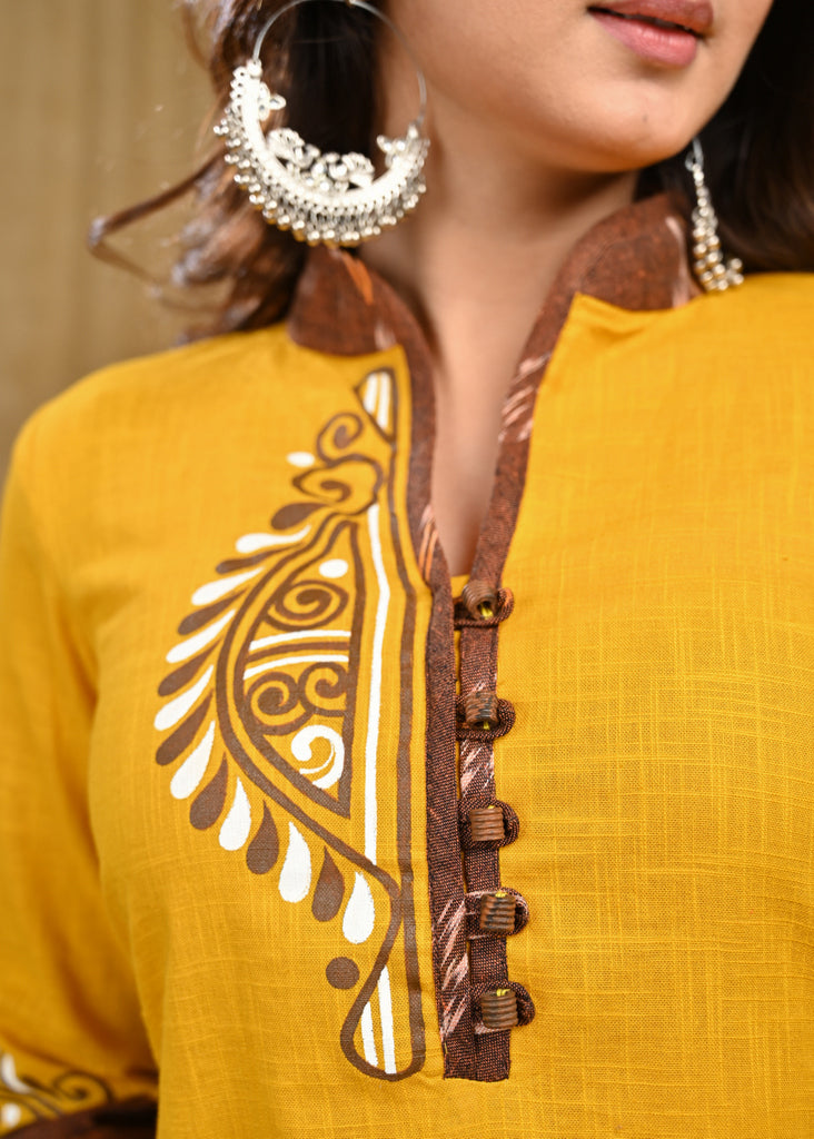 Classy Mustard Cotton Ikat Combination Tunic with Beautiful Hand painting On Front and Sleeves