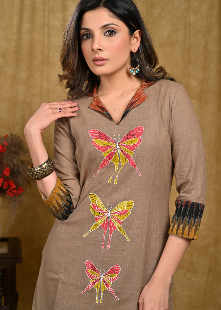 Exclusive Cotton Ikt Combination Tunic with Beautiful Butterfly Hand Painting