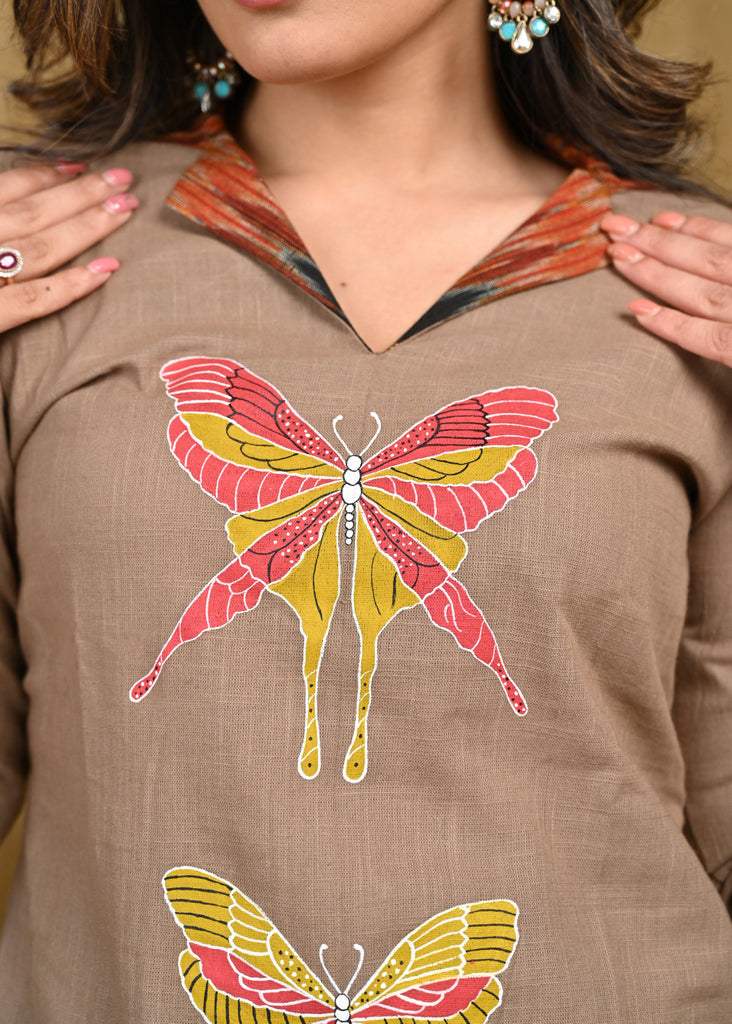 Exclusive Cotton Ikt Combination Tunic with Beautiful Butterfly Hand Painting