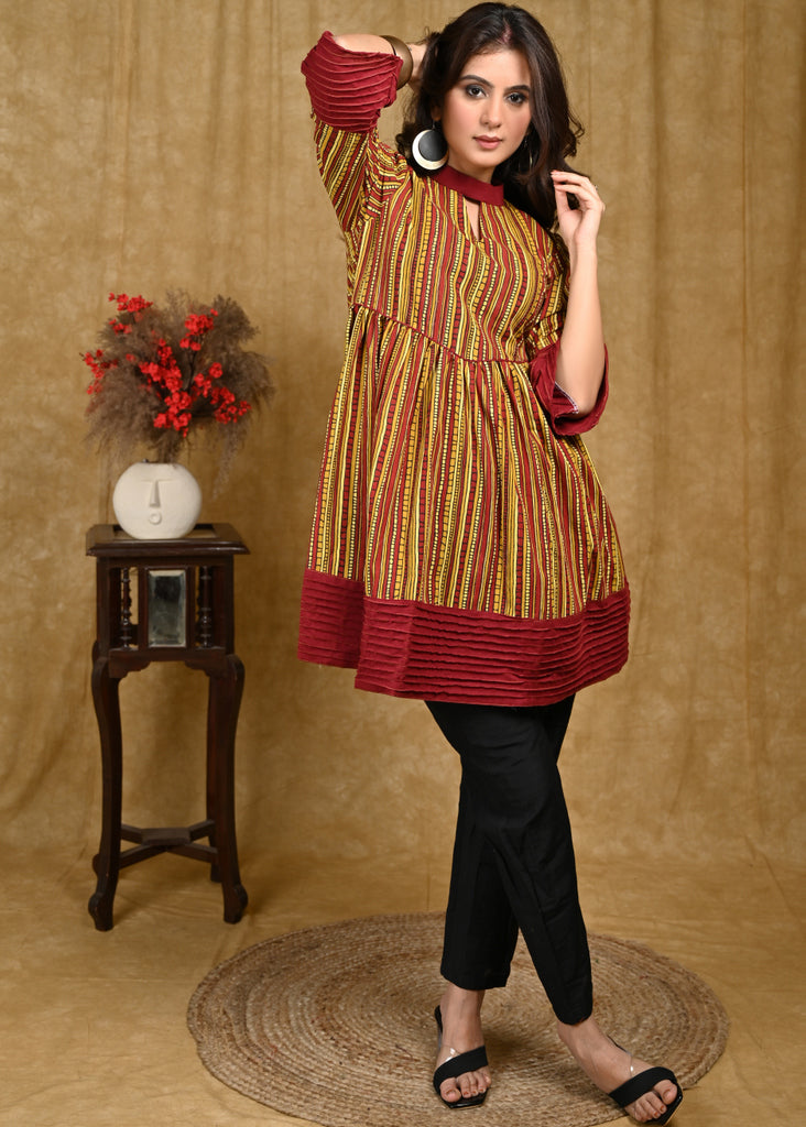 Simple And Classy Mustard Maroon Cotton A-Line Tunic.