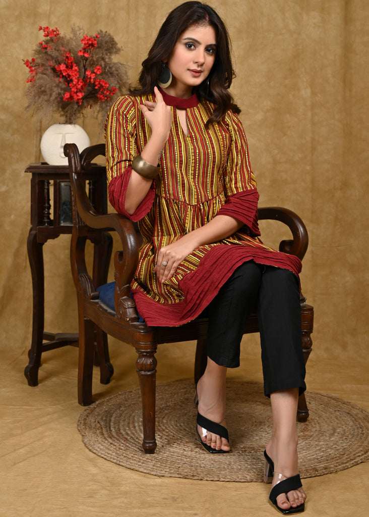 Simple And Classy Mustard Maroon Cotton A-Line Tunic.
